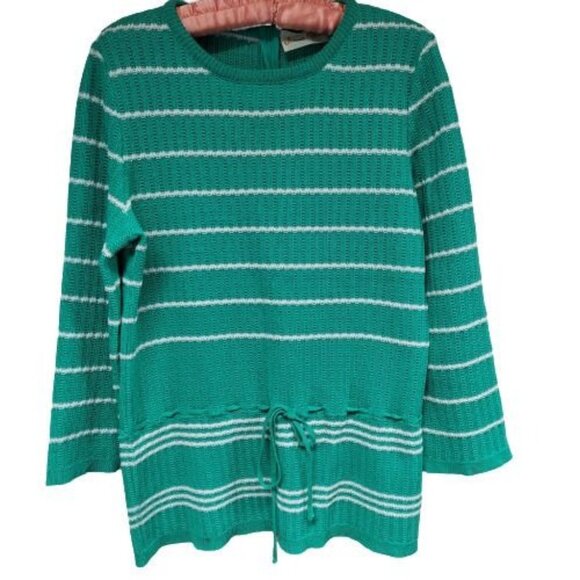 James Kenrob Womens Sweater Medium Open Knit Tie Waist Back Zip Striped Green - Picture 1 of 9